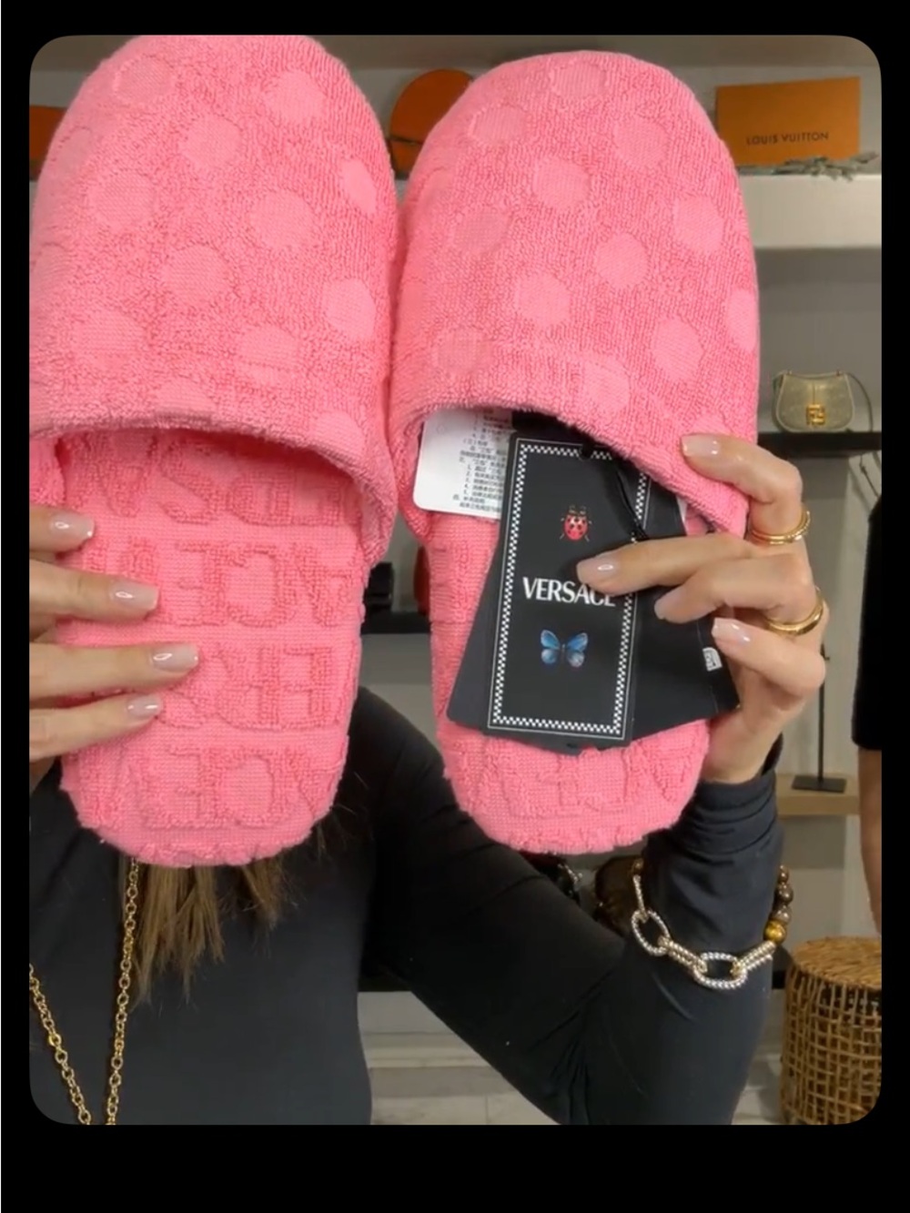 Versace Pink Terry Slide Slippers with Embossed Logo